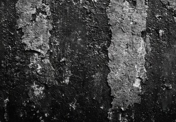 Aufkleber - A high-resolution image showcasing a dark, textured wall with peeling paint, revealing layers of aged plaster and concrete beneath. The monochrome palette emphasizes the contrast betwe : Generative AI