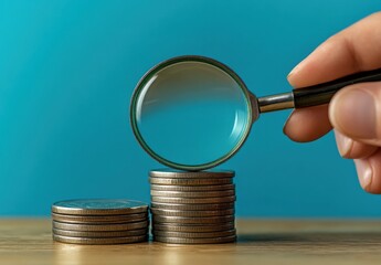 Fototapete - A hand holds a magnifying glass over two stacks of coins, symbolizing financial scrutiny and investment analysis against a vibrant teal backdrop. : Generative AI