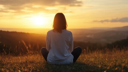 Poster - Woman meditates peacefully on a hilltop, bathed in the warm golden light of a breathtaking sunset, enjoying serene nature. : Generative AI