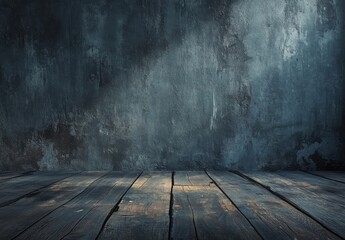 Poster - Dark, moody interior scene featuring aged wooden planks and a textured, grunge concrete wall.  Provides a dramatic, atmospheric backdrop ideal for product placement or storytelling. : Generative AI