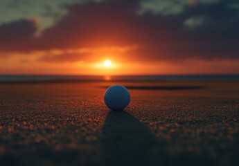 Poster - Golf ball resting on a beach at sunset, with the orange sun setting over the ocean horizon. A peaceful and serene scene. : Generative AI