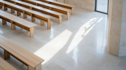Poster - Sunlight streams through a window, casting shadows on the light beige floor of a minimalist chapel, illuminating rows of simple wooden benches. : Generative AI