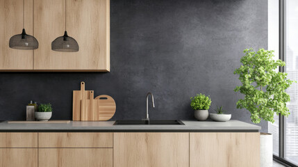 Fototapete - Modern kitchen interior with light wood cabinets, dark gray wall, and stylish pendant lamps, featuring a sleek countertop and sink, complemented by potted plants. : Generative AI