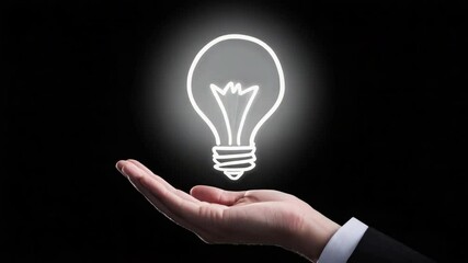 Wall Mural - hand holding light bulb icon illustrating ideas and innovation against black background 4k video foo