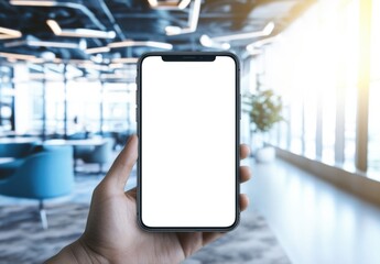 Aufkleber - Person holding smartphone with blank screen in modern office building, showcasing app interface or website design possibilities. : Generative AI