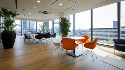 Poster - Modern office interior with orange chairs and large windows offering a city view.  A bright, spacious workspace with plants and wooden floors. : Generative AI