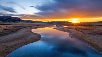Poster - Serene sunrise over a meandering river in a tranquil landscape, reflecting the vibrant orange and blue hues of the dawn sky. : Generative AI