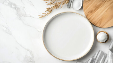 Poster - A minimalist styled overhead flatlay featuring a white ceramic plate, wooden cutting board, dried flowers, and a marble surface. : Generative AI