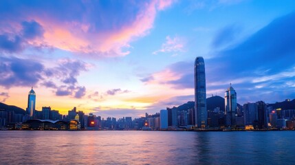 Aufkleber - Vibrant Hong Kong skyline at sunset, showcasing modern skyscrapers and colorful clouds reflecting on calm waters. : Generative AI