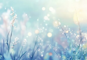 Aufkleber - Serene pastel blue meadow scene with delicate white wildflowers swaying gently in a soft, sunlit breeze, creating a tranquil and dreamy atmosphere. : Generative AI