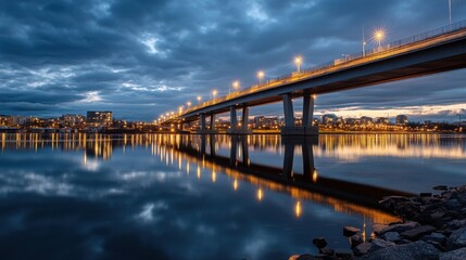 Leinwandbilder - Modern bridge illuminated at twilight, reflecting in calm water, cityscape backdrop, dramatic cloudscape. : Generative AI