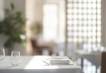 Leinwandbilder - Sunlight illuminates a minimalist table setting in a bright, modern restaurant, featuring a fork, napkin, and empty wine glass. : Generative AI