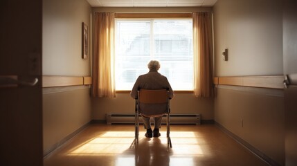 Leinwandbilder - Elderly man sits alone in a wheelchair, gazing out a window in a quiet nursing home room, bathed in sunlight. : Generative AI