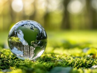 Aufkleber - Glass globe reflecting a lush forest, showcasing North America, rests gently on vibrant green moss, bathed in sunlight.  A symbol of environmental preservation and global sustainabilit : Generative AI