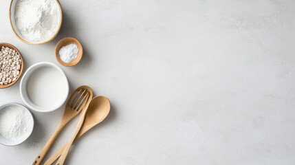 Poster - Baking ingredients and wooden utensils arranged on a light gray textured surface, offering copy space for recipes or culinary themes. : Generative AI