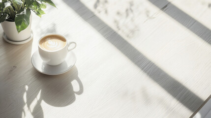 Aufkleber - A cup of latte art coffee sits on a light wood table, bathed in sunlight streaming through a window, casting shadows from a nearby plant. : Generative AI