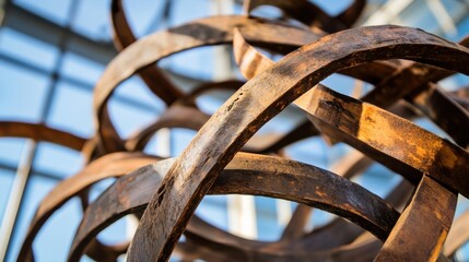 Leinwandbilder - Intricate Wooden Sculpture: Close-up view of a weathered, interwoven wooden art installation, showcasing its complex curves and textures against a blurred background of a modern glass  : Generative AI