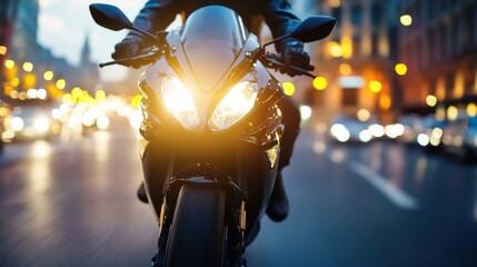 Poster - A motorcyclist rides a powerful black sportbike through a vibrant city at night, headlights illuminating the road ahead. : Generative AI