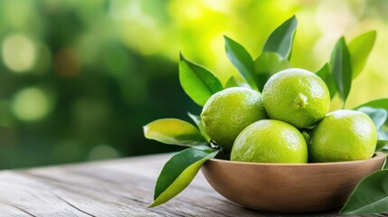 Aufkleber - Fresh limes in a wooden bowl, surrounded by vibrant green leaves, sit on a rustic wooden table against a blurred natural background. : Generative AI