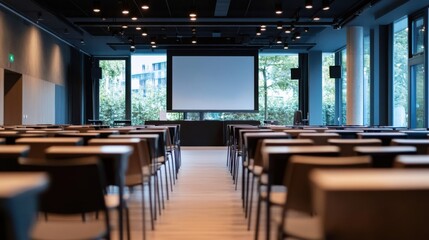 Poster - Empty modern conference room with large projection screen and rows of chairs, ready for a presentation or meeting. : Generative AI