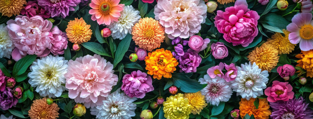 Poster - Vibrant floral arrangement featuring peonies, dahlias, and other blossoms in a rich tapestry of pink, orange, and purple hues. : Generative AI