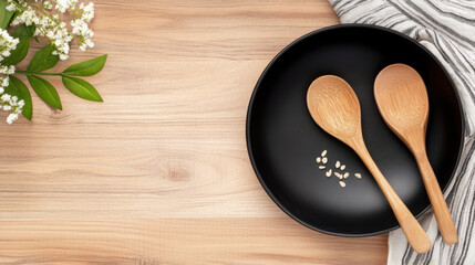 Poster - Flat lay of two bamboo spoons resting in a black bowl on a light wood surface, accompanied by a sprig of white flowers and scattered seeds. : Generative AI