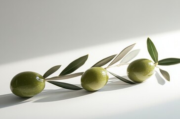 Aufkleber - Three green olives on a branch with leaves, illuminated by sunlight against a white background.  A minimalist, natural food image perfect for culinary or health-related projects. : Generative AI