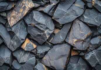 Poster - A detailed close up of a dark grey stone wall, composed of many irregularly shaped, rough-textured rocks with subtle hints of brown and gold. : Generative AI