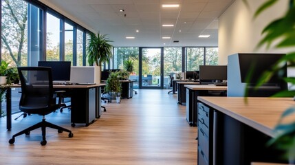 Leinwandbilder - Modern office interior with large windows, showing rows of desks, computers, and potted plants, creating a bright and airy workspace. : Generative AI