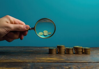 Poster - A hand holds a magnifying glass focusing on a few coins, while stacks of coins sit on a wooden table against a teal background, symbolizing financial analysis or investment. : Generative AI