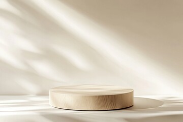 Leinwandbilder - A minimalist wooden display platform sits on a light beige floor, bathed in soft, natural sunlight streaming through a window, creating gentle shadows. : Generative AI