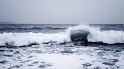 Poster - A powerful ocean wave crashes on the shore, creating a dramatic display of white foam and dark blue water under a moody sky. : Generative AI