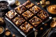 © Mardhiah - Decadent Swirled Brownies Topped with Caramel and Chocolate Sauce, Surrounded by Chocolate Chips and Golden Sprinkles on a Dark Background