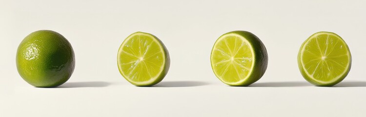 Aufkleber - Four limes, one whole and three halved, arranged in a row against a bright white background.  The vibrant green citrus fruits are illuminated, showcasing their juicy interiors and text : Generative AI