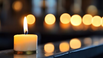 Fototapete - A single, lit candle glows softly, its warm light contrasting against a dark background of blurred, golden candlelight reflections. : Generative AI