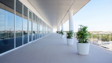 Poster - Modern office building rooftop terrace with panoramic city view and potted plants, showcasing contemporary architecture and design. : Generative AI