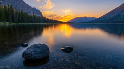 Poster - Serene sunset over a pristine mountain lake, reflecting vibrant orange and yellow hues in the calm water, with dark rocks in the foreground. : Generative AI