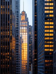 Aufkleber - Golden Hour Illumination on Skyscrapers in a City Canyon, showcasing the architectural details and reflections of modern buildings at sunset. : Generative AI