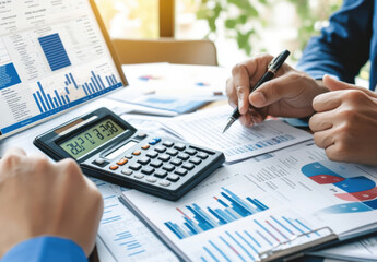 Poster - Two businesspeople collaborate closely, reviewing financial data on laptop and paper documents, using calculator and pen for detailed analysis. : Generative AI