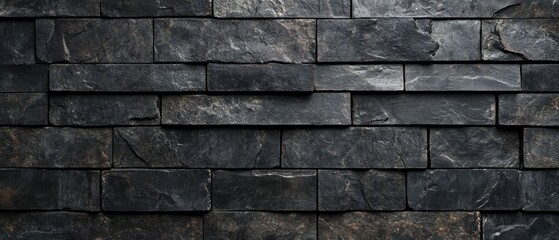 Fototapete - Dark gray slate stone wall texture, perfect for modern architecture or interior design projects.  The image showcases a seamless pattern of rectangular bricks with subtle variations in : Generative AI