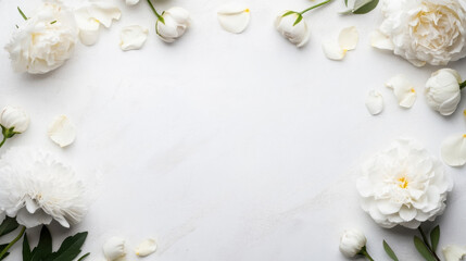 Aufkleber - Elegant white peonies and petals arranged on a textured white background, creating a beautiful floral frame with copy space. : Generative AI