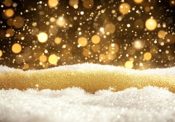 Fototapete - Golden glitter snowdrift against a backdrop of shimmering bokeh lights and falling snowflakes, perfect for festive winter designs. : Generative AI