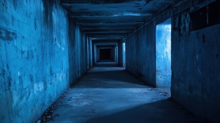 Poster - A long, dimly lit blue corridor in an abandoned building stretches into the darkness, creating a mysterious and eerie atmosphere. : Generative AI