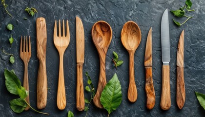 Wall Mural - a collection of handcrafted olive wood cutlery including forks, knives and spoons arranged on a dark slate background with scattered green foliage.