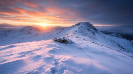 Fototapete - Majestic sunrise paints a vibrant orange and pink hue across a snow-covered mountain peak, casting long shadows across the pristine winter landscape. : Generative AI
