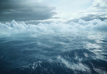 Aufkleber - A dramatic seascape featuring a vast, deep blue ocean under a moody sky filled with fluffy white clouds. : Generative AI