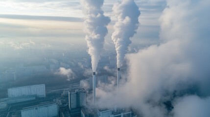 Fototapete - Aerial view of two industrial smokestacks emitting thick plumes of white smoke over a sprawling city landscape on a hazy day. : Generative AI