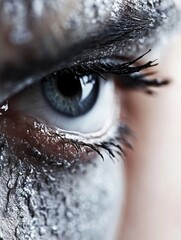 Poster - Closeup of a woman's eye, adorned with silver glitter makeup, showcasing detailed eyelashes and a striking blue iris. The texture of the makeup is emphasized, creating a dramatic and g : Generative AI
