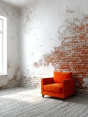 Poster - A vibrant orange armchair sits in a room with exposed brick and distressed plaster walls, bathed in sunlight streaming through a nearby window, creating a stylish and slightly rustic i : Generative AI