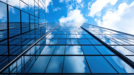 Poster - Modern glass skyscraper reflecting blue sky and clouds, low angle view showcasing architectural details and a sense of height and ambition. : Generative AI